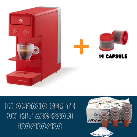 Illy Macchina Iperespresso A Capsule Y3.3 Rossa + 14 Capsule Caffè + Kit Accessori 100 Palettine/bicchierini/zucchero