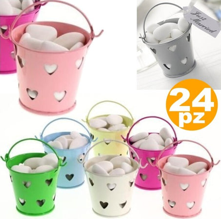 24-X-Secchielli-Colorati-Con-Cuori-In-Latta-Verniciata-Portaconfetti-Bomboniera