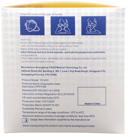 25 Mascherine Protettive Ffp3 Scatola Da 25 Certificate Ce 0370 Mascherina Filtrante Protettiva Bfe>99% Yphd Hphd