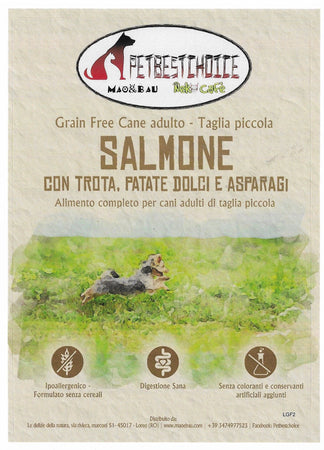 PETBESTCHOICE GRAINFREE mini ADULT Salmone & Trota 53%,Patate dolci e asparagi