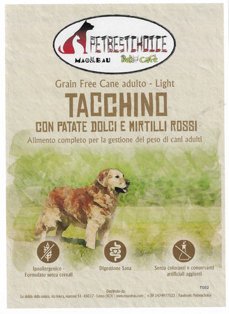 PETBESTCHOICE GRAINFREE LIGHT ADULT TACCHINO 50% con Patate dolci e Mirtilli