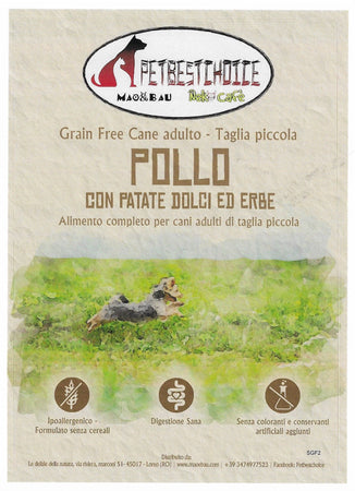 PETBESTCHOICE GRAINFREE mini ADULT Pollo 55% Patate dolci ed Erbe di campo