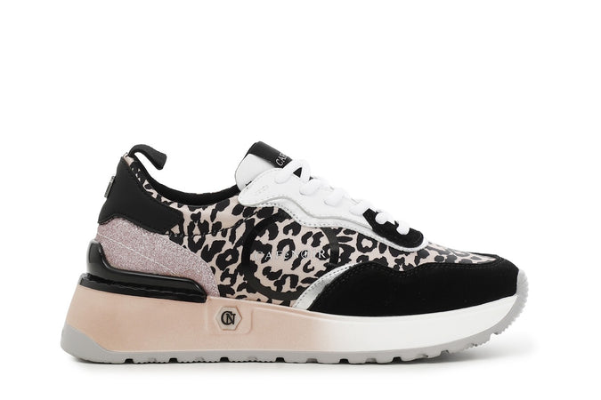 SNEAKERS ALLACCIATA IN PELLE SCAMOSCIATAE TESSUTO LEOPARDATO