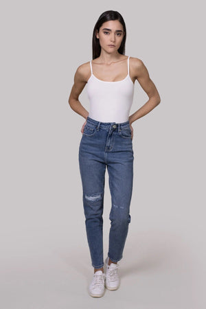 White Wise jeans donna modello mod Zoe mom fit con strappi e perline