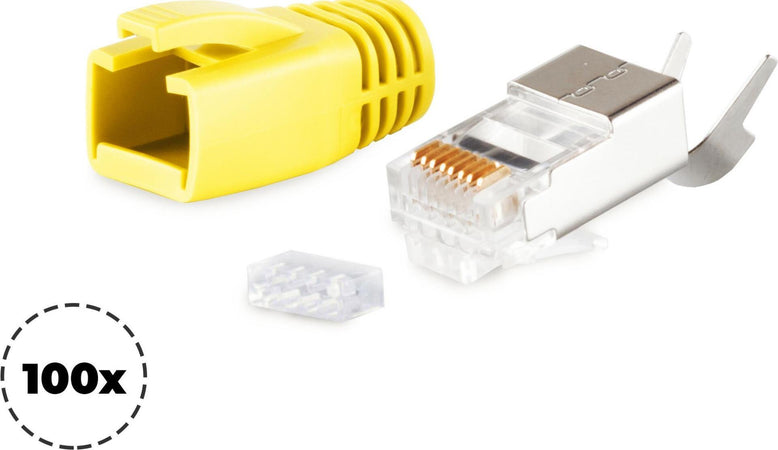S/CONN maximum connectivity Netzwerk Modular Stecker RJ45 SET fr Verlegekabel bis AWG 23, Stecker mit Zugentlastung, Einfhrhilfe und Tlle, gelb VE 100 (72067-100Y)