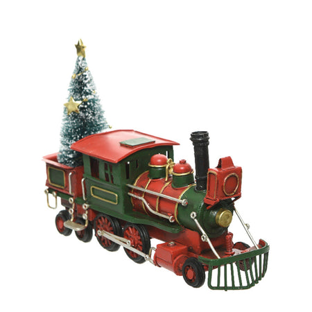 Treno natalizio in ferro con albero di natale, decorazione per villaggio di Natale da 20 cm