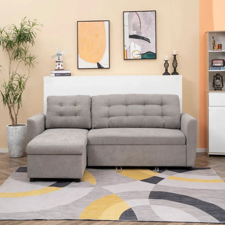 Divano Letto Angolare 3 Posti con Chaise Longue Contenitore in Tessuto, 217x134x85cm, Grigio 839-194