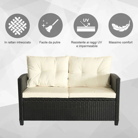 Set Mobili da Giardino 4 Pezzi in Rattan PE e Tavolino, Divano e Poltrone Imbottiti Nero e Beige 124x68x76cm 860-117CW