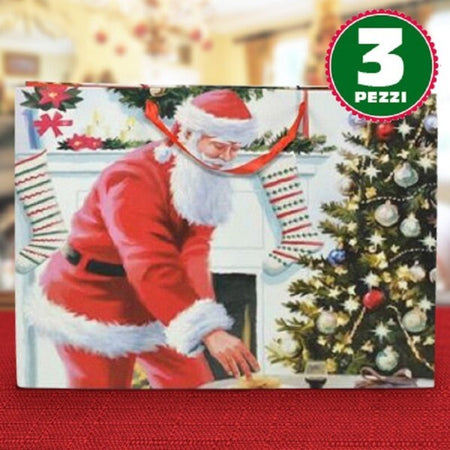 3-Buste-Da-Regalo-Stampa-Babbo-Natale-Classico-Con-Manici-Rossi-40x20x55cm