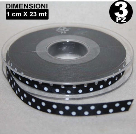 3-Rotoli-Nastro-Nero-Pois-Bomboniera-Organza-Raso-Bobina-Decorazioni-Decoupage