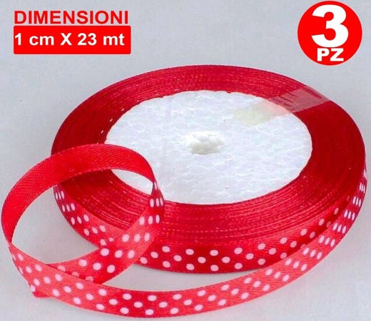 3-Rotoli-Nastro-Rosso-Pois-Bomboniera-Organza-Raso-Bobina-Decorazioni-Decoupage