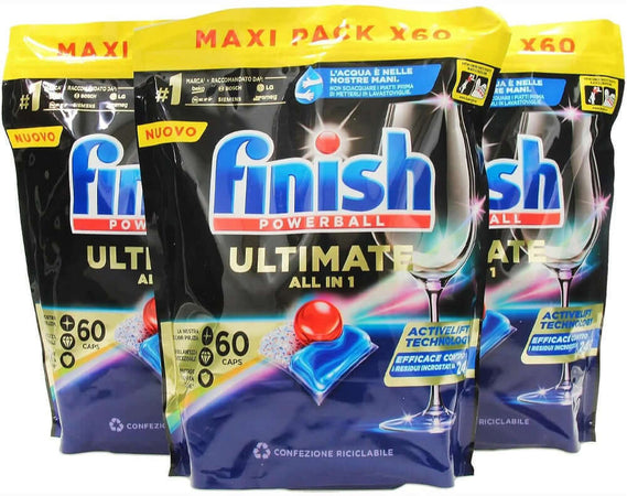 3 x Finish Powerball Quantum Ultimate Tutto in 1 180 Pastiglie Lavastoviglie