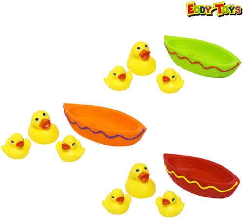 3 x Papere Giocattolo da Bagno + 1 Barchetta Barca per Bagnetto Colori Assortiti