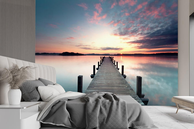 Carta Da Parati, ponte molo lago tramonto