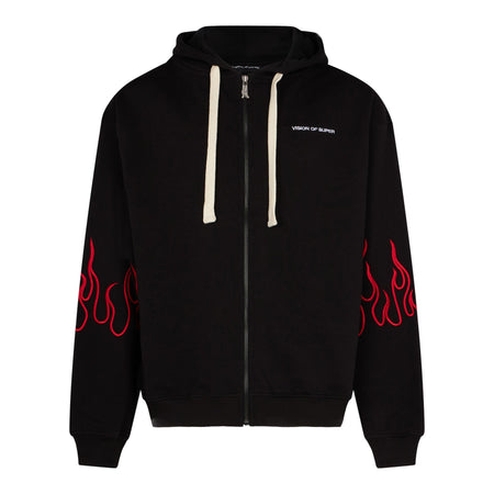 VISION OF SUPER Felpa Leggera Cappuccio Zip Uomo Embroidered Flames Zip Hoodie Black/red da uomo