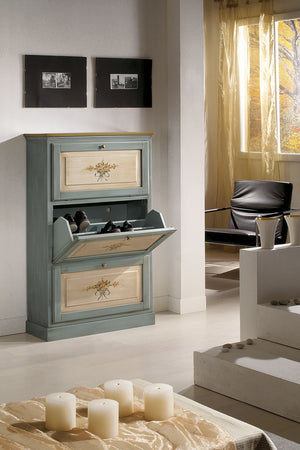 MOBILI 2G -  SCARPIERA 3 ANTE IN LEGNO MASSELLO AZZURRO/OCRA L.80 x P.30 H.130 (1218)