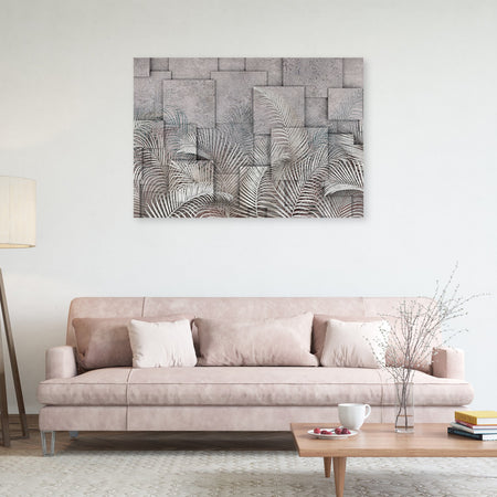 Quadro su tela, Foglie 3D sullo sfondo che imita il calcestruzzo