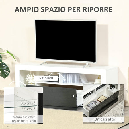 Mobile Porta TV con Luci a LED e Telecomando Bianco e nero lucido con cassettone F839-126V90BKA ,  soggiorno salotto marrone alto basso grigio cassetti design da terra parete grande tavolino ingresso moderno muro parete attrezzata sala