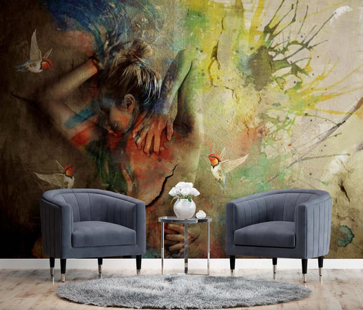 Carta Da Parati, Donna con colibrì dipinta