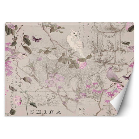 Carta Da Parati, Uccelli in stile shabby chic su rami rosa