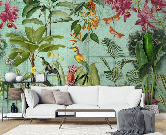 Carta Da Parati, Uccelli tra foglie tropicali