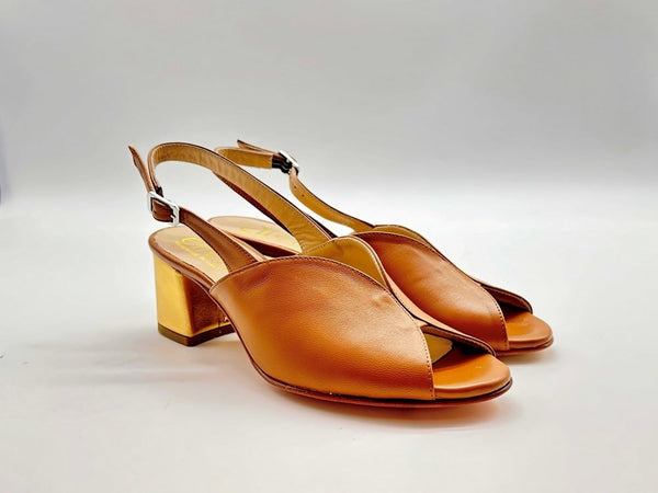 ELLEN Sandalo donna in pelle cuoio e oro tacco 50
