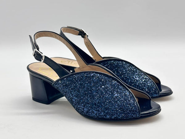 ELLEN Sandalo donna in pelle glitterata blu tacco 50