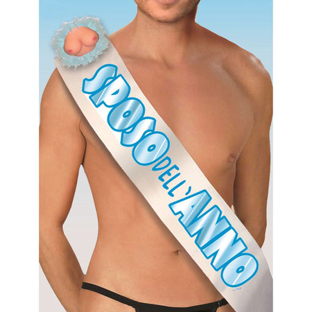 fascia con scritta SPOSO DELL'ANNO e coccarda tette per la festa hot di addio al celibato gadget per adulti 18+