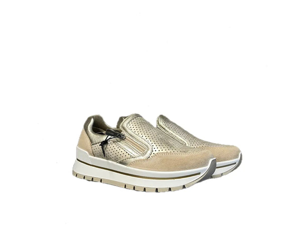 IGI & CO Sneaker donna in pelle scamosciata beige e laminata platino