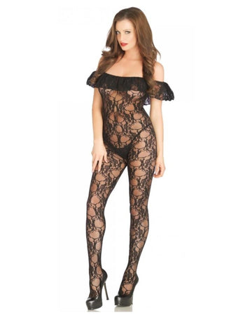LEG AVENUE - BODYSTOCKING IN PIZZO FLOREALE Nero Pizzo