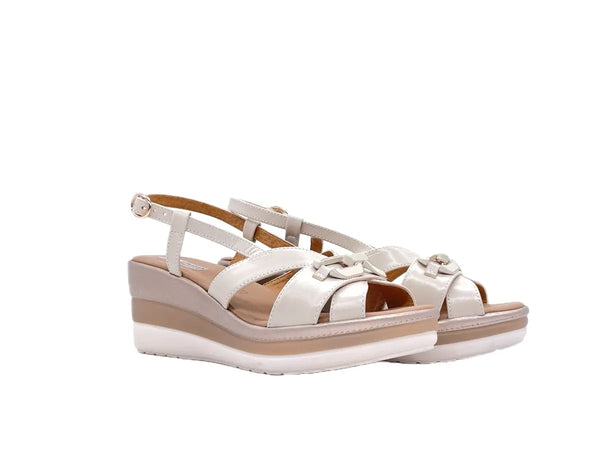 MODA ITALIA Sandali donna pelle avorio con zeppa