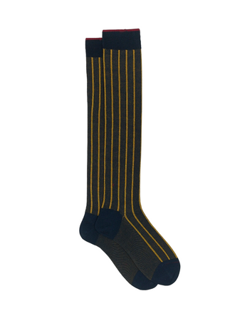 Calze lunghe uomo - Gallo - Fantasia righe - Oltremare/oro twin rib spaziata