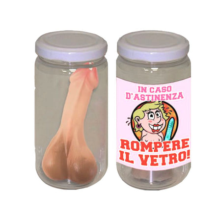 Vasetto con pisello ed etichetta stampata con la scritta IN CASO DI ASTINENZA ROMPERE IL VETRO