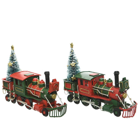 Treno natalizio in ferro con albero di natale, decorazione per villaggio di Natale da 20 cm