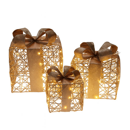 Pacchi regalo color champagne con luci Led per decorazione natalizia set da 3