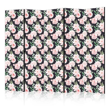 Paravento - Peonies - Pink Flowers and Green Leaves on a Graphite Background