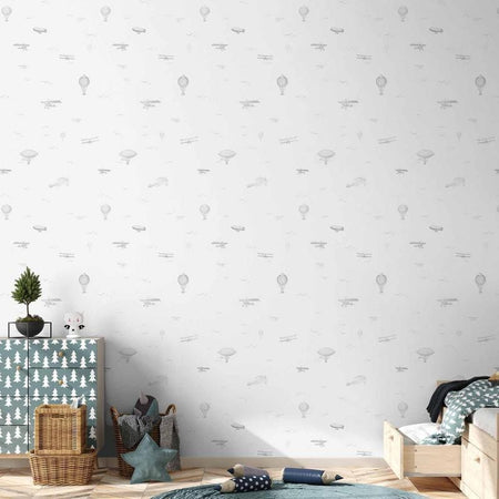 Tappezzeria murale - Drawing - Airplanes - balloons - and airships against a sky full of birds