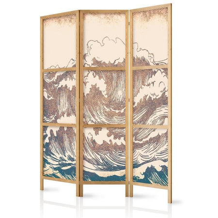 Paravento giapponese - Turbulent Ocean - High Waves in Brown and Navy on a Beige Background in Vintage Style
