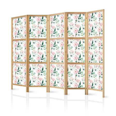 Paravento giapponese - Peonies - Pink and White Flowers and Green Leaves on a White Background