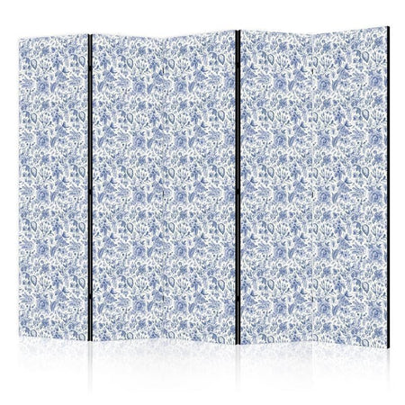 Paravento - Illustration in Vintage Style - Blue Flowers on a White Background