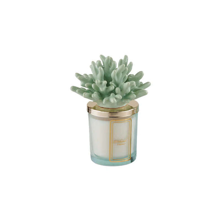 Candela artigianale in ceramica verde salvia Melaverde da 200gr, con decoro a tema corallo, rifinita a mano e completa di scatola regalo.