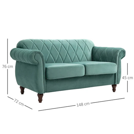 Divano 2 Posti in Legno e Velluto Verde, Spessa Imbottitura, Divano per 2 Persone Design Vintage Rétro, 148 x 72 x 76cm DY2833-847D2D