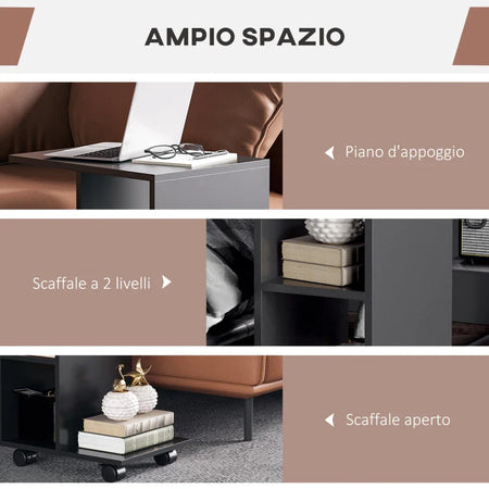 Tavolino da Salotto Ruote Girevoli 45x36x58 Nero FG6833-779BKFG6 , soggiorno salotto basso nero bianco marrone grgio design moderno sala moderno alto divano camera legno vetro rotondo