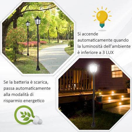 Lampione da Esterni con 6 Luci Led e Pannelli Solari Impermeabile Accensione Automatica Durata 6 Ore Altezza 177cm  XC3B30-006XC3