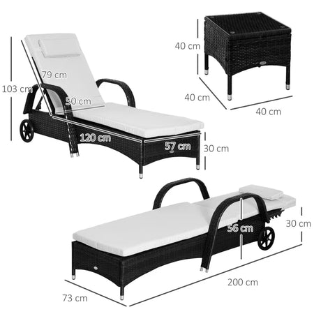 Set Mobili da Giardino 2 Sedie a Sdraio e Tavolino 3pz Lettino Prendisole Rotelle Reclinabile Rattan Nero 862-011BK