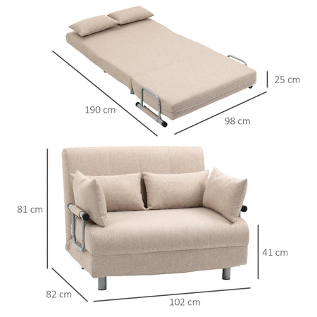 Divano Letto 2 Posti 3 in 1 Convertibile in Poltrona Reclinabile con Schienale Regolabile e 4 Cuscini Imbottiti, 102x82x81 cm, Beige DY2833-079D22