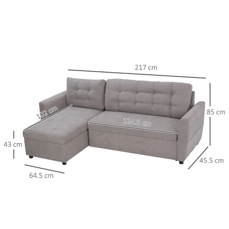 Divano Letto Angolare 3 Posti con Chaise Longue Contenitore in Tessuto, 217x134x85cm, Grigio 839-194