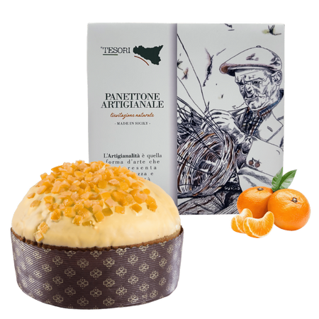 Tesori di sicilia panettone artigianale ai mandarini di sicilia 1kg, scatola "ù nonno pino" panettone a lievitazione naturale, idea regalo natale