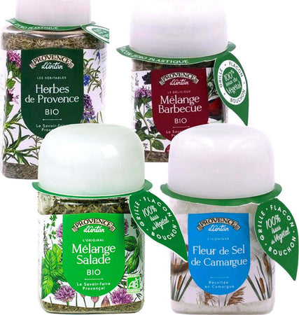 4 Vasetti Di Spezie Biologiche : Fior Di Sale Di Camargues / Erbe Di Provence / Misto Barbecue / Misto Per Insalata