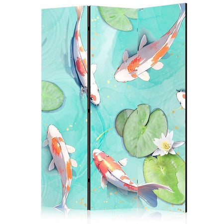Paravento - Spectacular Fish - White-Orange Koi Fish Swimming in Crystal Clear Water with Water Lilies